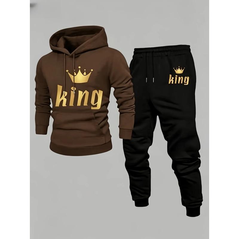 2026 King Crown Printed Sportswear Set Men's Hooded Sweatshirt Long Pants Set Spring and Autumn Winter Warm Suit