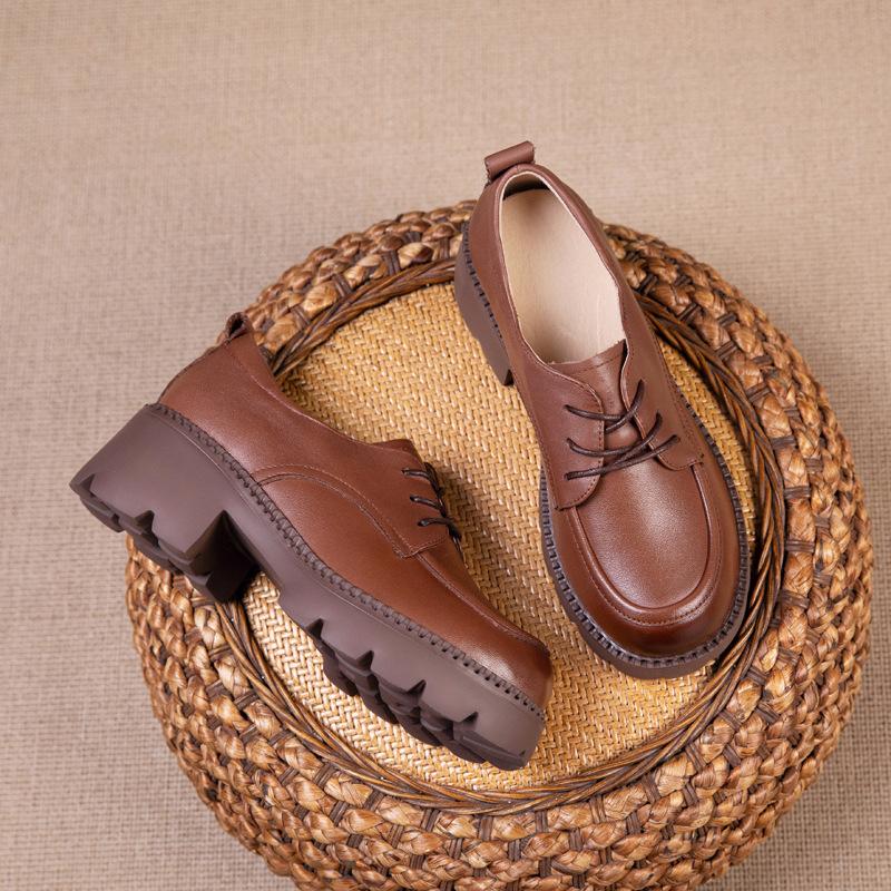 

The first layer of cowhide loafers for women s spring and autumn new British style leather muffin bottom lace-up thick-soled classic single shoes for 40