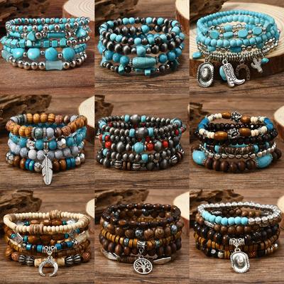 Set di Braccialetti Elastici Multistrato con Perline Turchesi e Perline di Legno per Donna