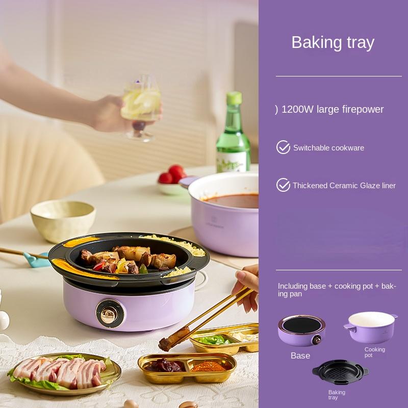 220V Electric Grill Barbecue Machine Home Electric Hot Pot Multi Cooker with 2 Pots