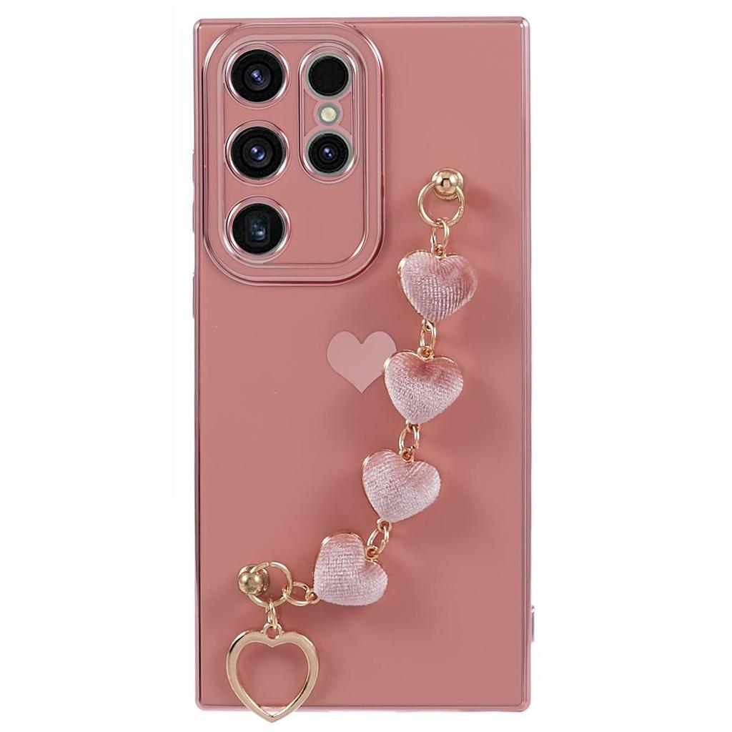 For Samsung Galaxy S23 Ultra Phone TPU Case Electroplating Phone Cover with Plush Love-Heart Strap