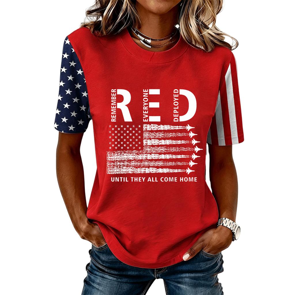 Women Casual Short Sleeve T Shirt Crew Neck Letter Print Top Stars and Stripes Sleeve Design Comfortable Fit