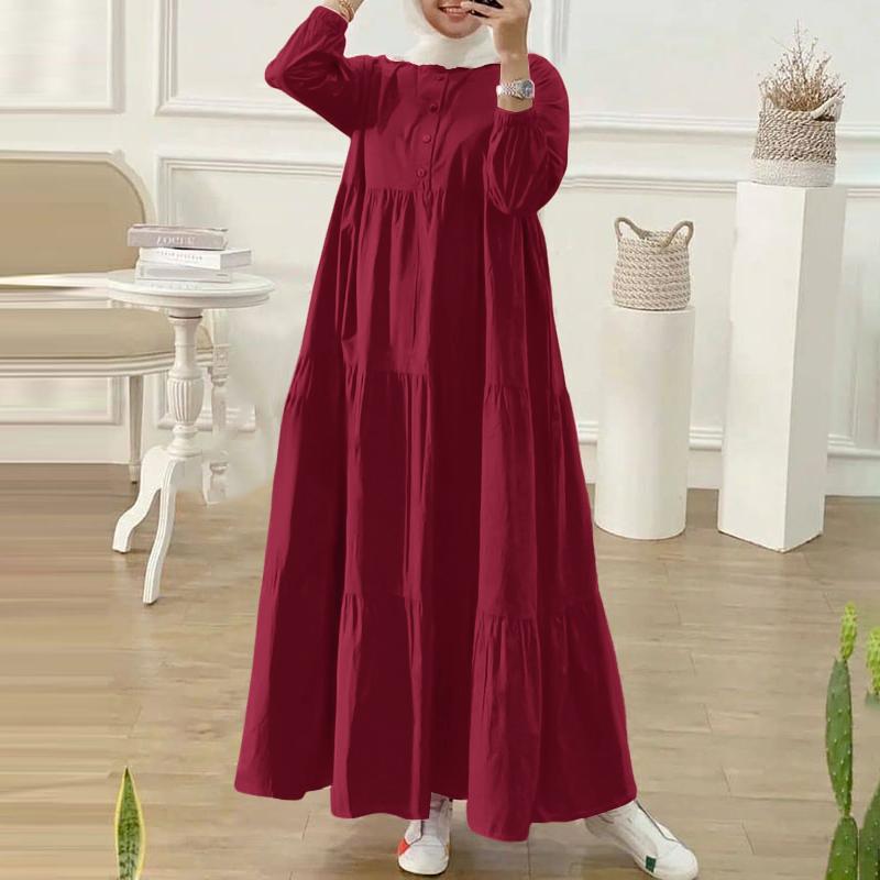 ZANZEA Women Casual Round Neck Loose Long Sleeve Muslim Dress