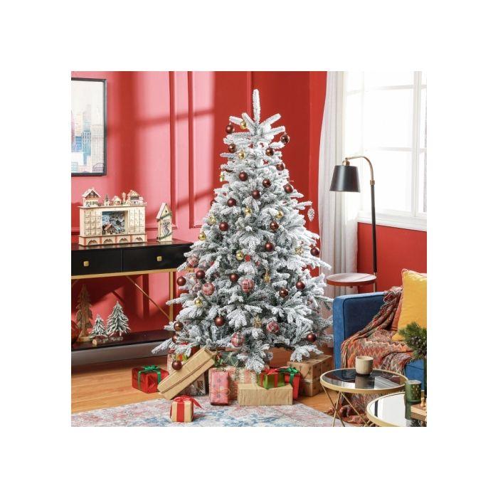 HOMCOM Sapin de Noël 180 cm, avec neige artificielle, ignifuge, montage et démontage rapides, base métallique