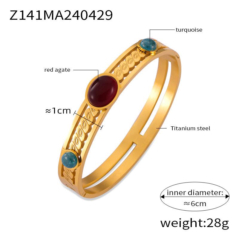 Minimalistisches Armband im chinesischen Stil mit durchbrochenem Muster, Natursteinintarsien und goldplattiertem Titanstahl