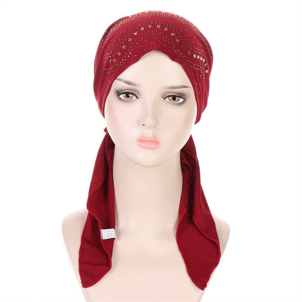Soft Elastic Muslim Headscarf Hat Solid Color Rhinestone Hijab Caps Ramadan