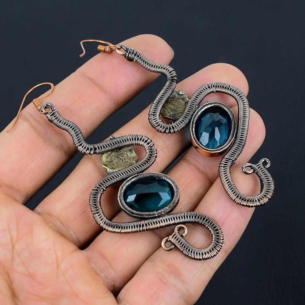 Blue Topaz Earrings, 999 Copper Wire Wrapped Gemstone Jewelry, Handmade Earrings, For Thanksgiving