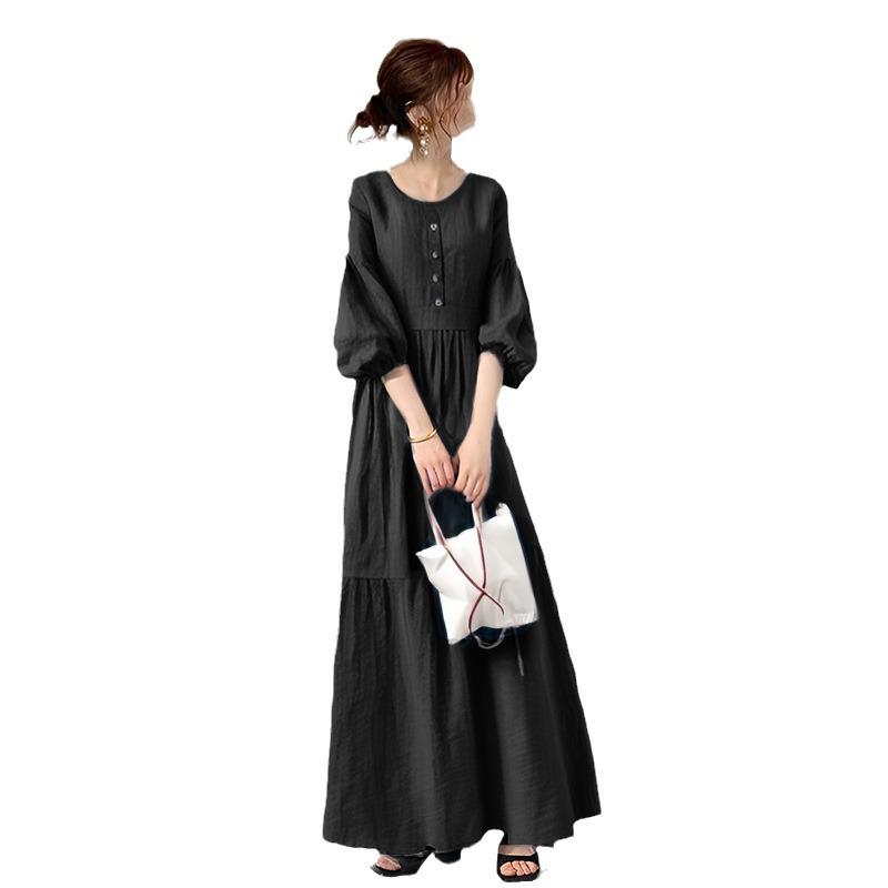 In-Stock 2024 Japanese Style Lantern Sleeve Patchwork Dress