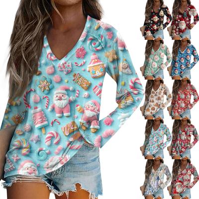 Women's Casual Christmas Printed V Neck Long Sleeved Top