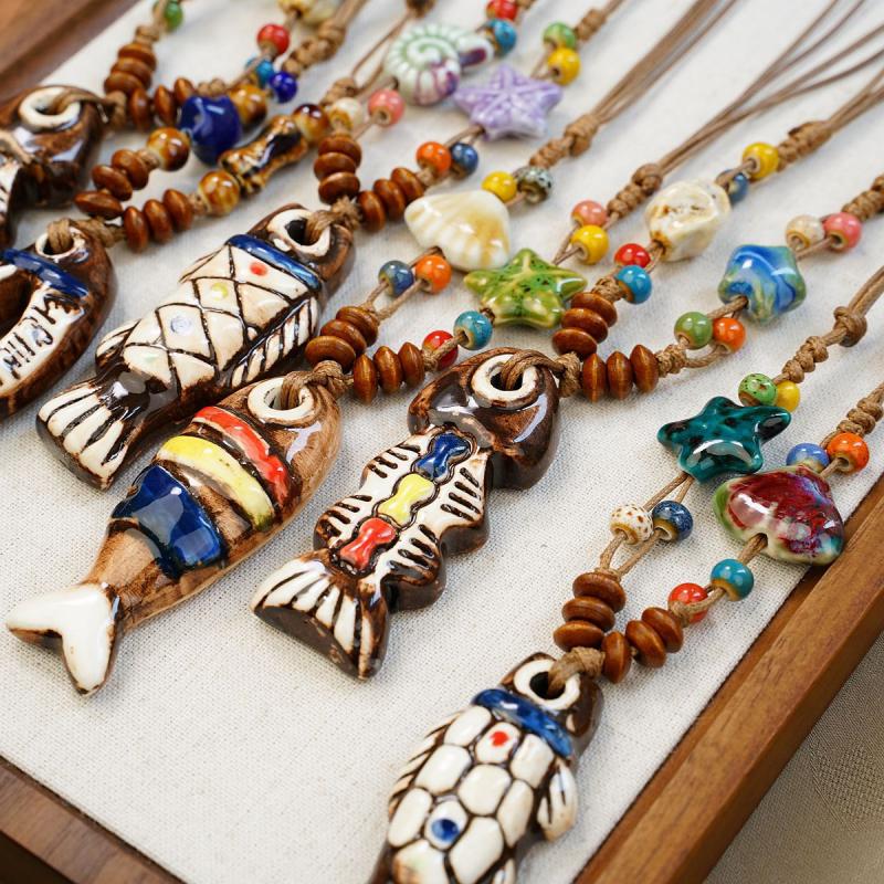 Ethnischer Stil Keramikfisch Halskette für Damen Mädchen Chinesischer Stil Keramikperlen Lange Pulloverkette Modeschmuck Zubehör Geschenk