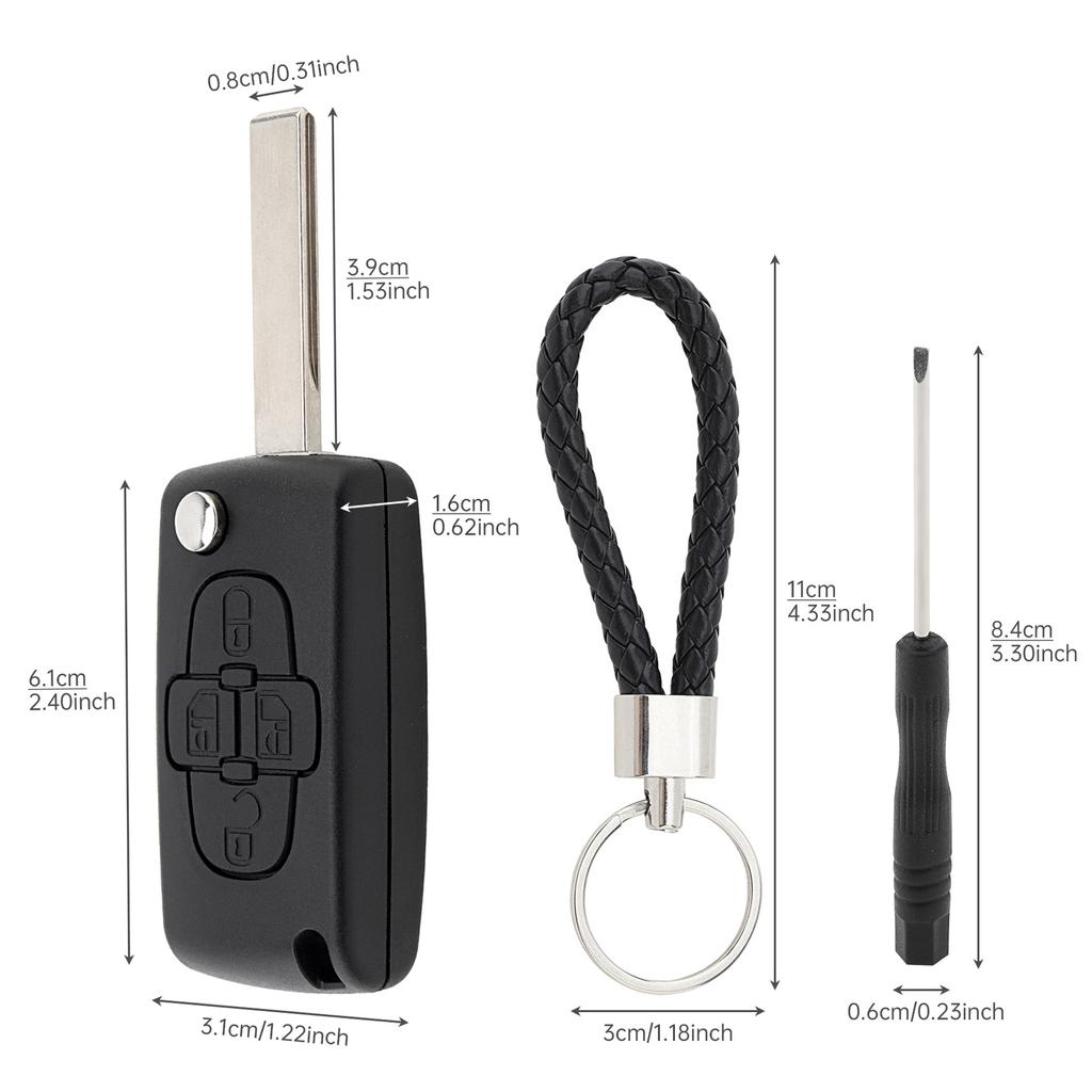 4 Button Flip Key Fob Shell Case Replacement Wear Resistant for 207-407 Citroen C1-C4 with Key Chain Screwdriver Tools