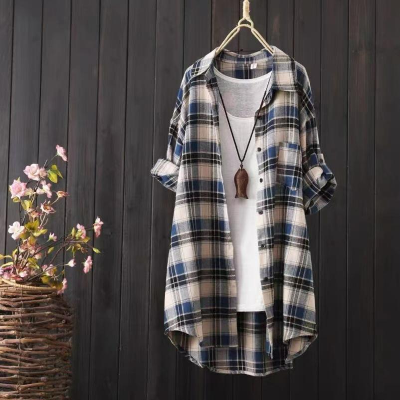 Plaid Shirt Women's Summer and Autumn Mid-length Loose Lazy Style Hong Kong Style Plaid Shirt Jacket Top Women