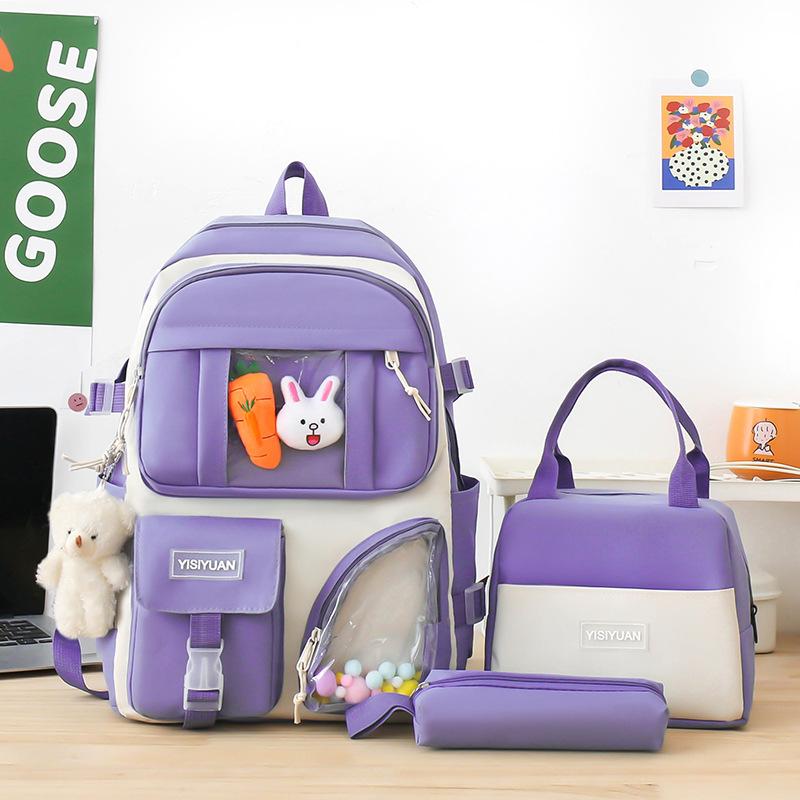 School Bag New Canvas Backpack Women's Small Fresh Contrasting Color Backpack Three-piece Set Junior High School Versatile Campus School Bag Tide