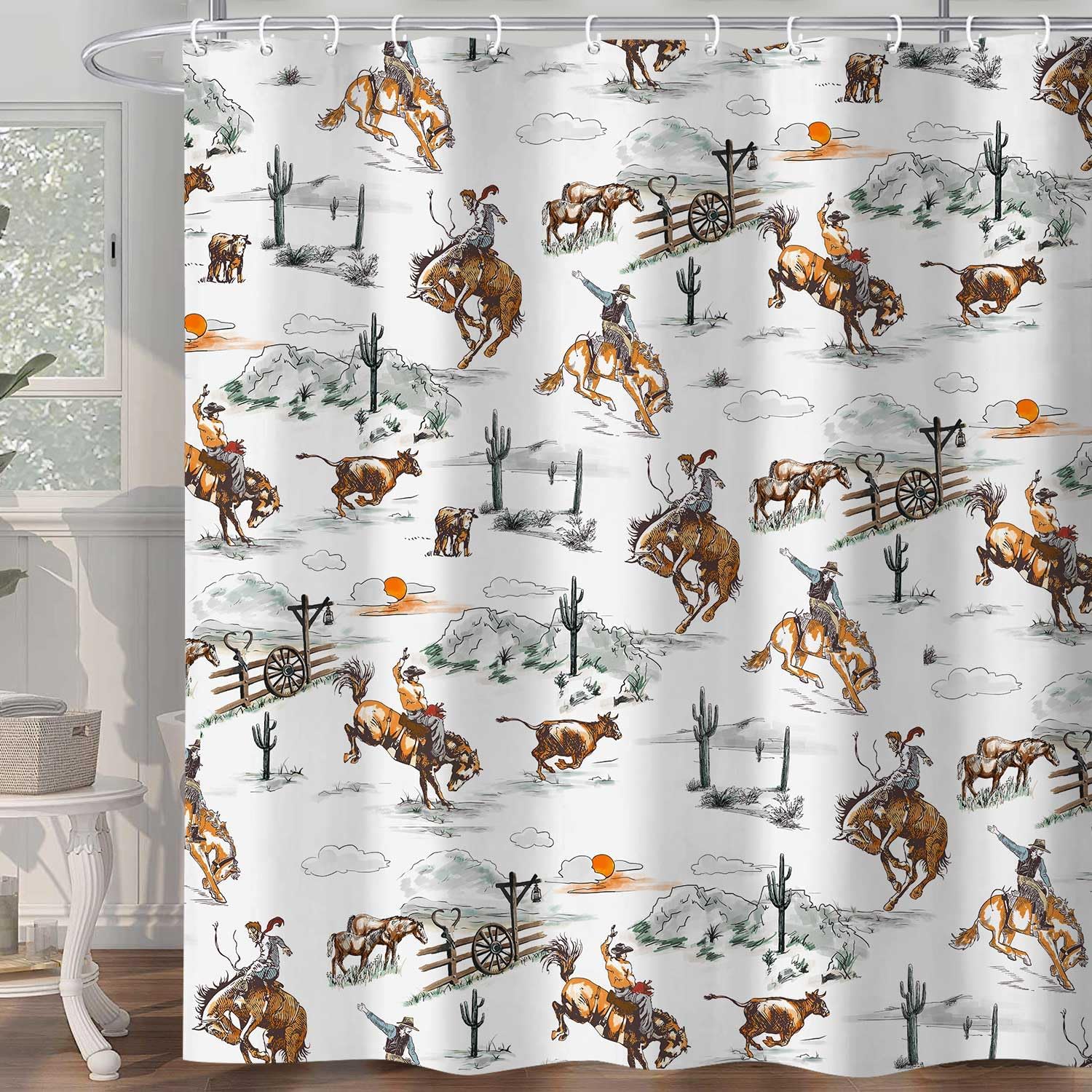 

Western Cowboy Shower Curtain for Bathroom, Wild West Cowboy Ride Horse Cactus Bath Curtains, Farmhouse Country American West Th 90x180cm