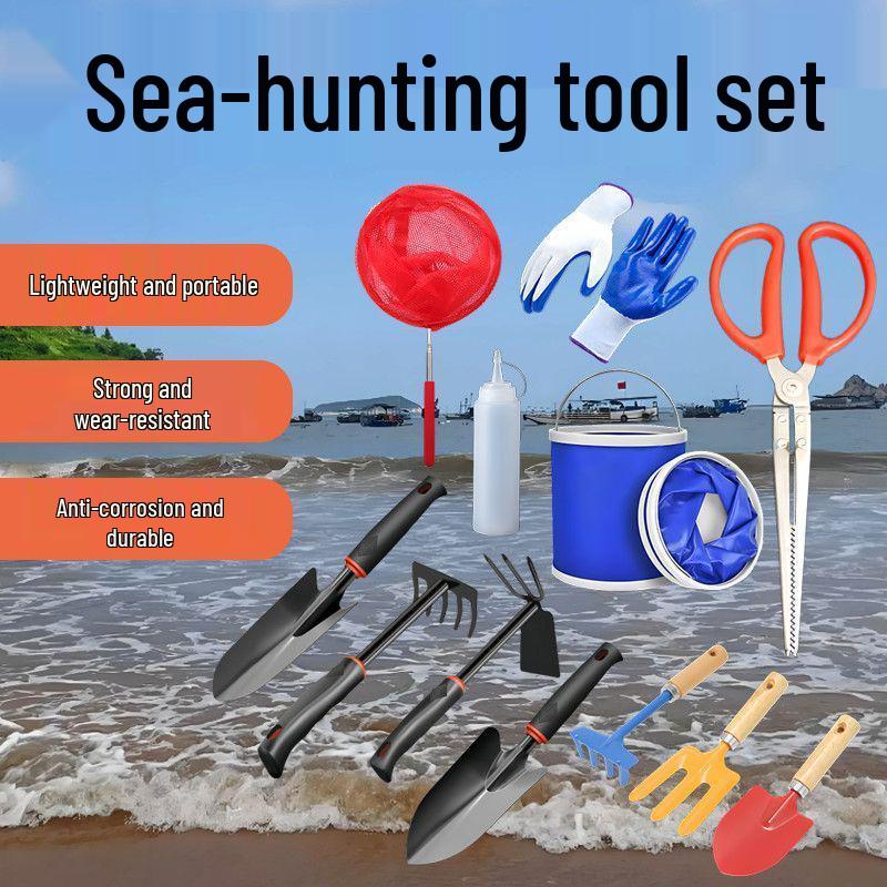 Tide-Chasing Tool Set: Adult Clam & Crab Digger with Gloves, Beach Shovel, Tongs, Kids' Gear, and Sand Rake.