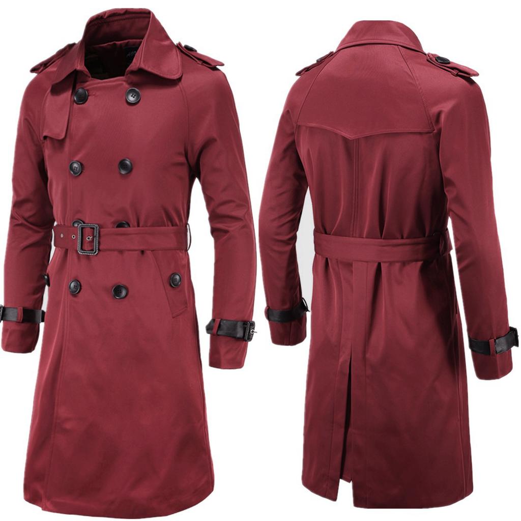 Mens Spring Autumn Windbreak Overcoat Long Trench Coats with Belt Male Pea Coat Double Breasted Solid Outerwear
