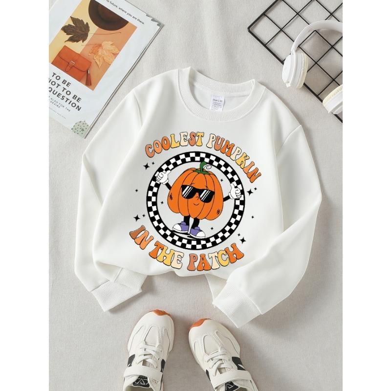 European Sizes Coolest Pumpkin Fashion Glasses Patch Girls' Crew Neck Sweatshirt, Western Top, Long Sleeved, Casual for Little Girls.