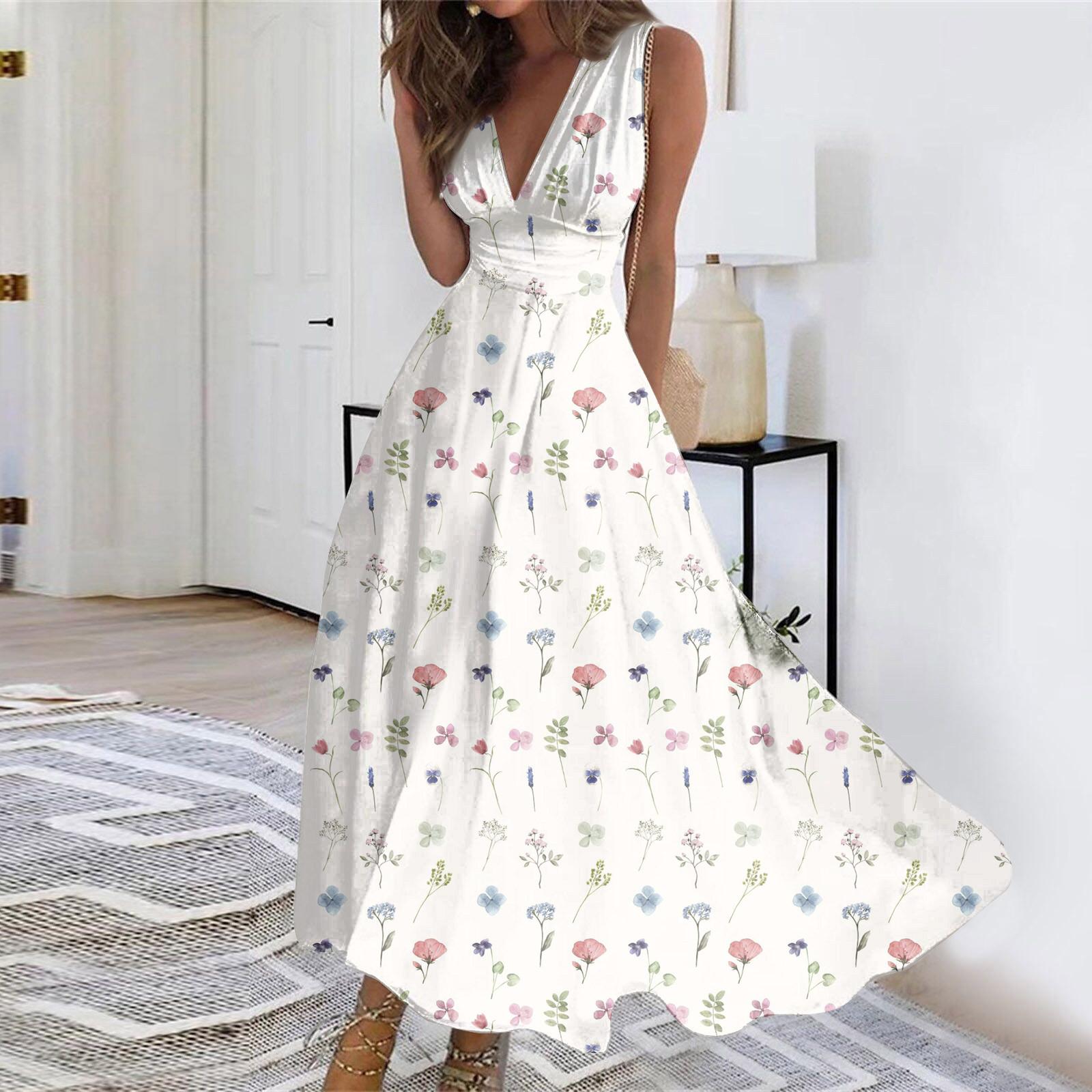 

Женское длинное платье Платье макси Повседневное платье Летнее повседневное платье без рукавов с v-образным вырезом в стиле бохо с талией и принтом XXXL