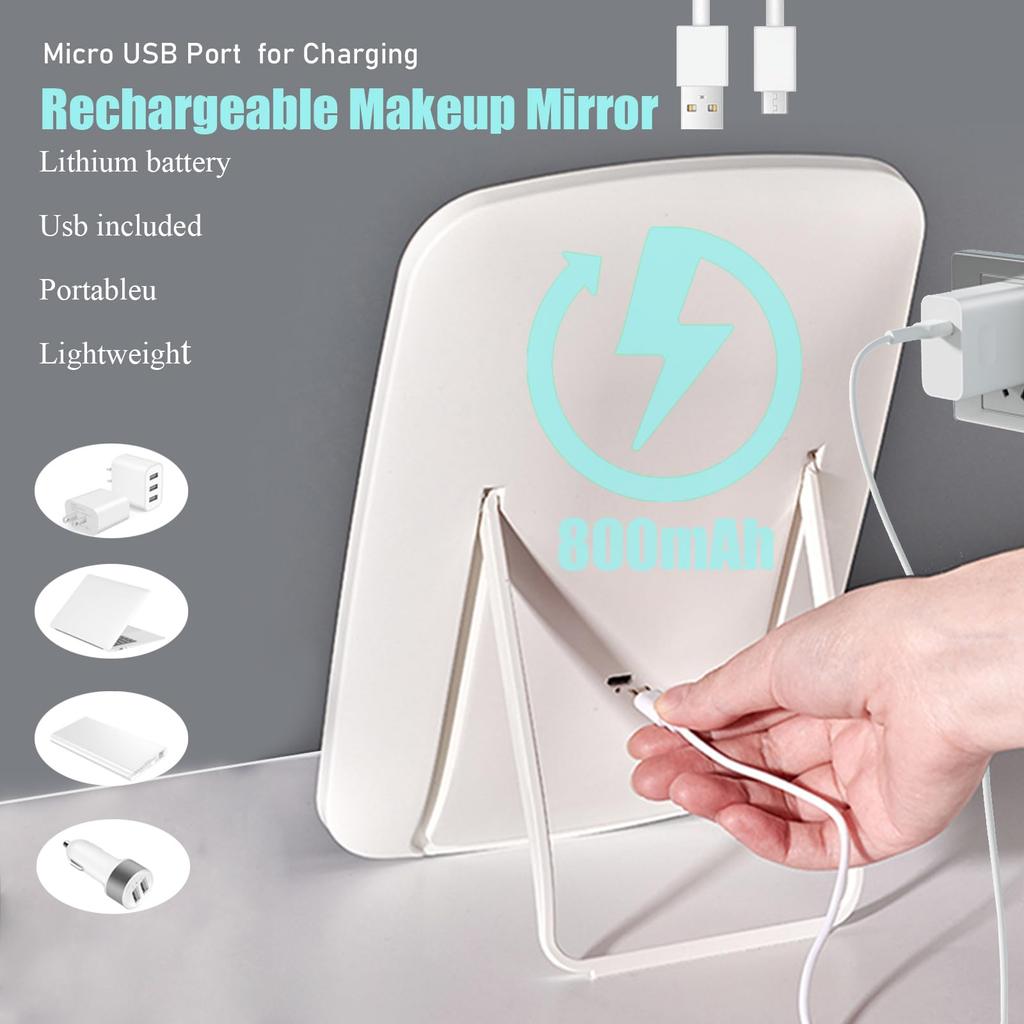 Cunsieun Rechargeable Makeup Vanity Mirror with LED Makeup Beauty Mirror with Portable Dimmable Touch Tabletop LED Foldable Adjustable Makeup Mirror