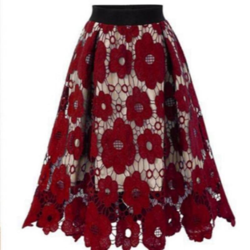 Crochet Hollow Out Flowy Patterned Lace Skirt Casual High Elastic Waist Below Knee Skirt Women's A Line Skirts Elastic Waist Skirts