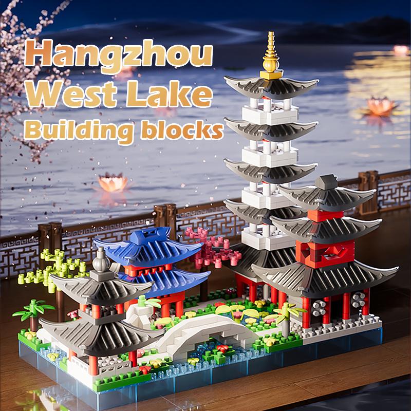 Hangzhou West Lake Scene Architecture Model Decoration Micro Particle Building Blocks Chinese Style Puzzle Assembly Toy Gift