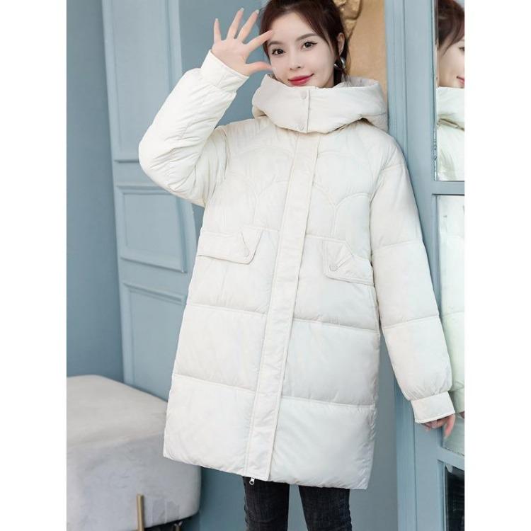 Winter Warm Women's Hooded Puffer Coat Mid Length Stand Collar Removable Thickened Down Cotton Jacket