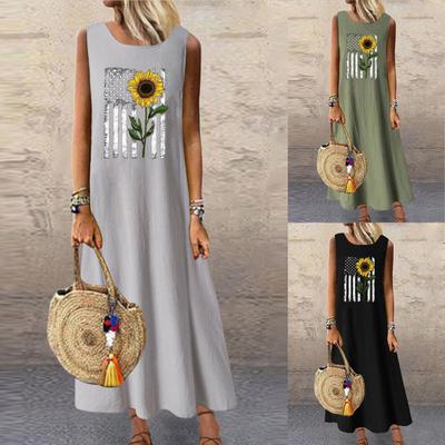 Európske a americké dámske bezrukávové bavlneno-ľanové šaty s kvetinovou potlačou a vreckami