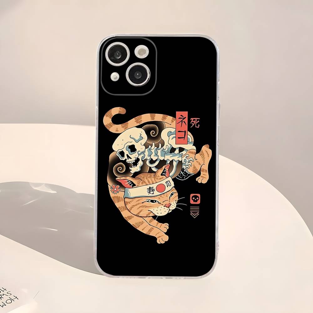 Japanese Samurai Cat Ramen Transparent Phone Case For IPhone 16 15 14 13 12 11 Pro Max Plus Soft Cover