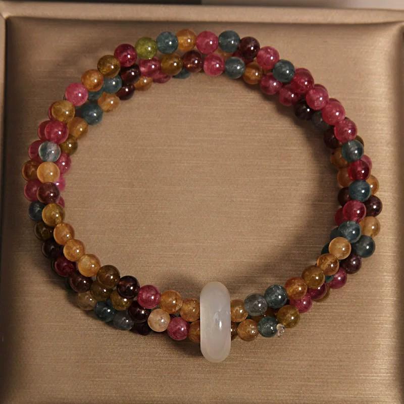 New Chinese Style Multi-Strand Tourmaline Bracelet for Women: Light Luxury, High-End, Versatile, with Exquisite Safety Buckle.