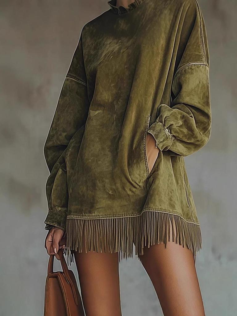 2026 High Neck Loose Suede Dress with Tassels and Pockets