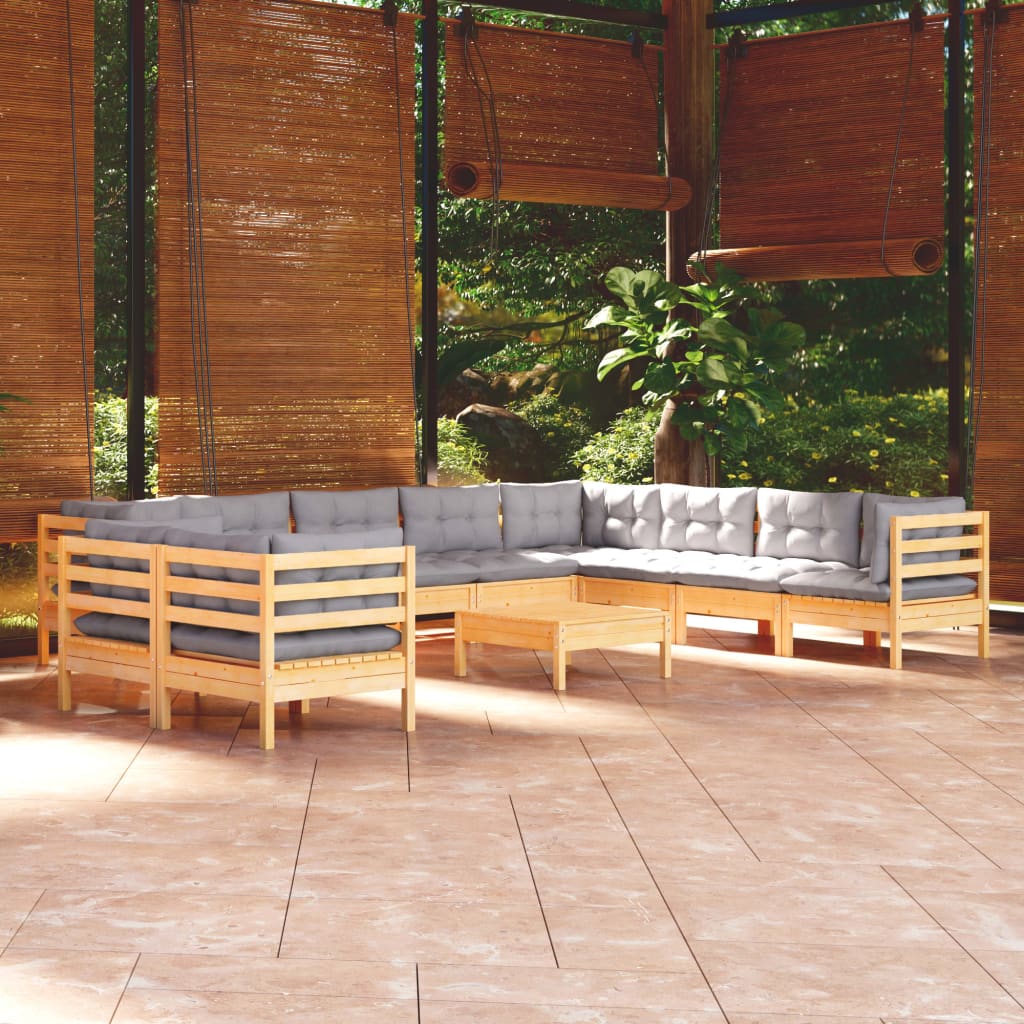11 Piece Garden Lounge Set with Grey Cushions Solid Pine Wood
