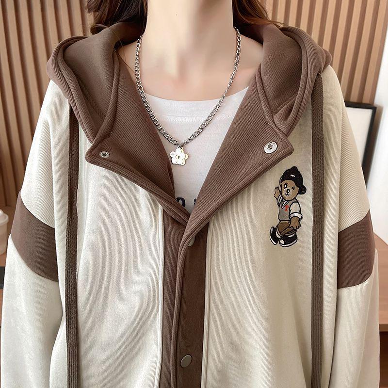 Women's Fleece-Lined Hooded Sweatshirt: Autumn/Winter Loose Fit Korean-Style Baseball Jacket
