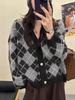 100% Alpaca Color Block Diamond Cardigan - Women's Autumn/Winter V-neck Long Sleeve Outerwear