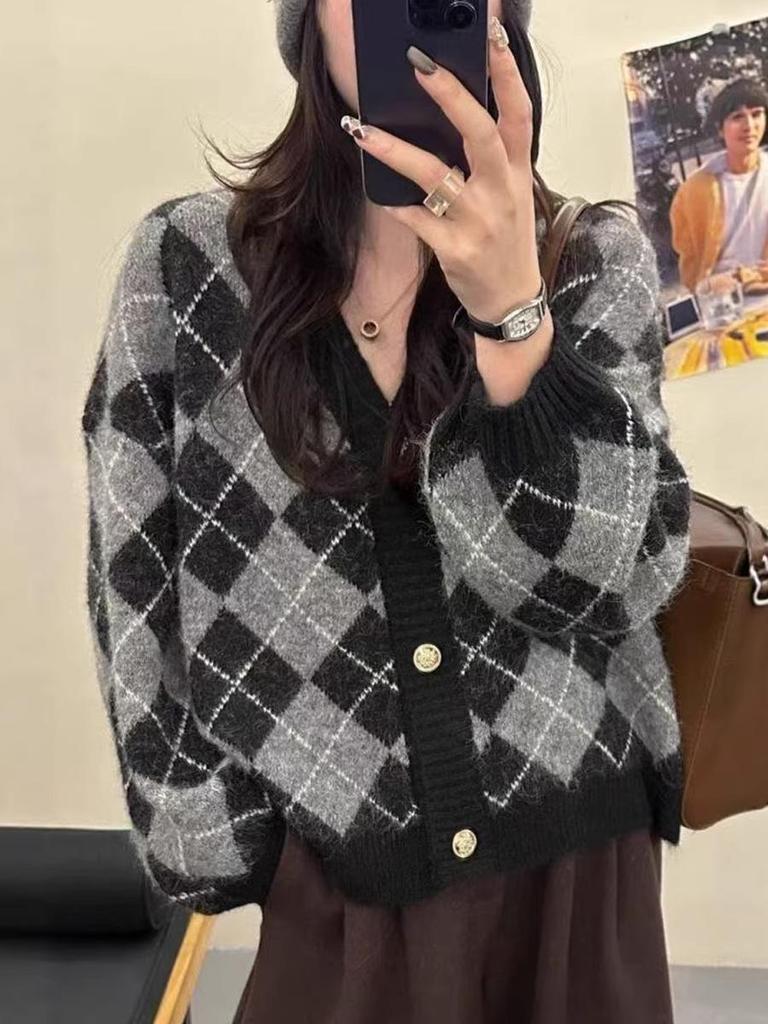 100% Alpaca Color Block Diamond Cardigan - Women's Autumn/Winter V-neck Long Sleeve Outerwear