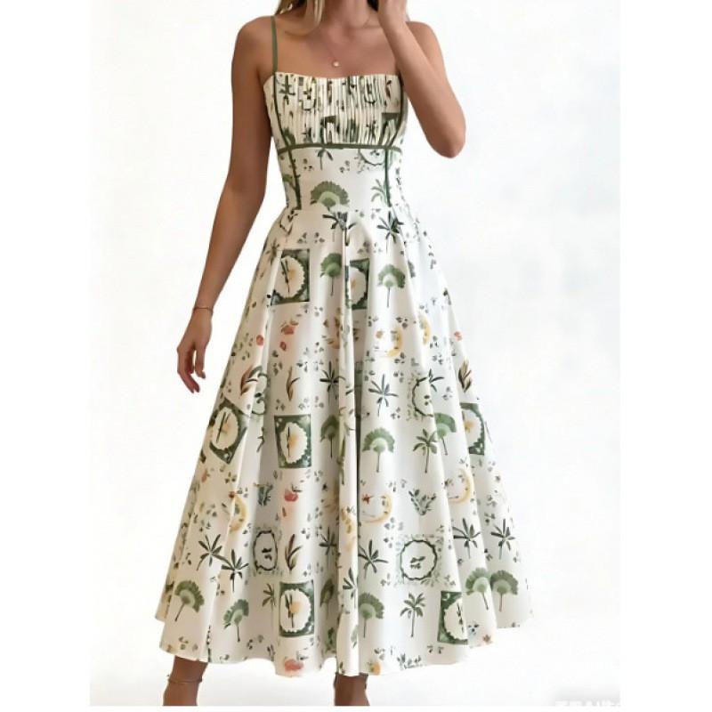 Womens Floral Print Sleeveless Wrap Waist Midi Dress Vacation Chic A-Line Small