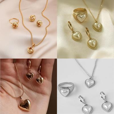 17KM Simple Irregular Love Pendant Ring Earring Necklace Women's Jewelry Accessories Set