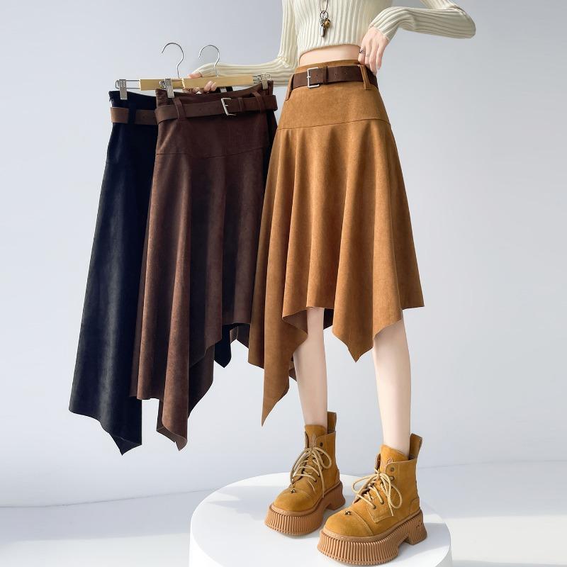 Fustă mini asimetrică vintage din piele întoarsă pentru femei, cu talie înaltă, slim, linie A, fuste midi