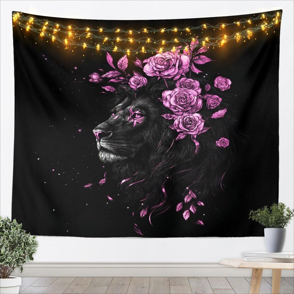 Red Rose And Lion Tapestry For Kids Boys Girls Large Black Lion Wall Art 3D Wild Animal Pattern Wall Hanging Blanket Romantic