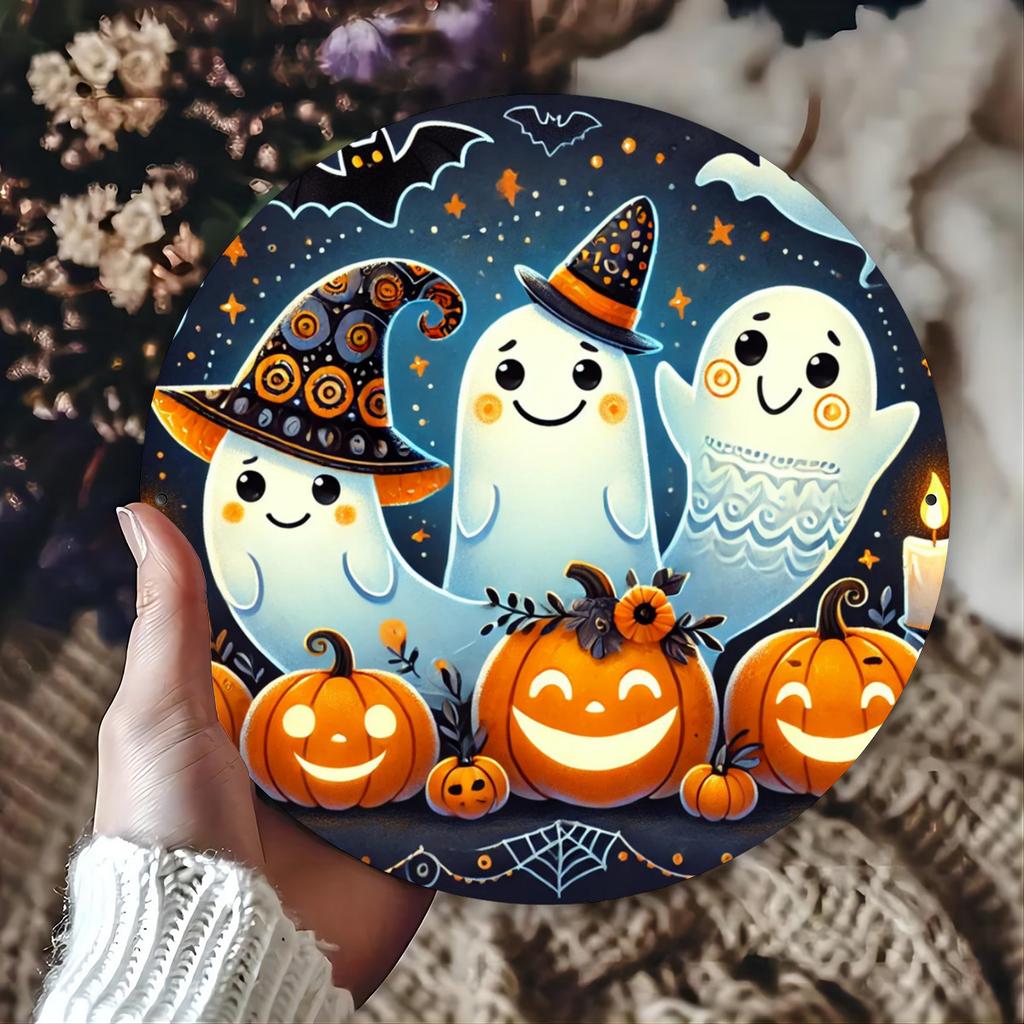 Halloween Cute Ghosts and Pumpkins Metal Tin Sign Spooky Witch Hat Wall Art Decor for Home Garden Party Decoration