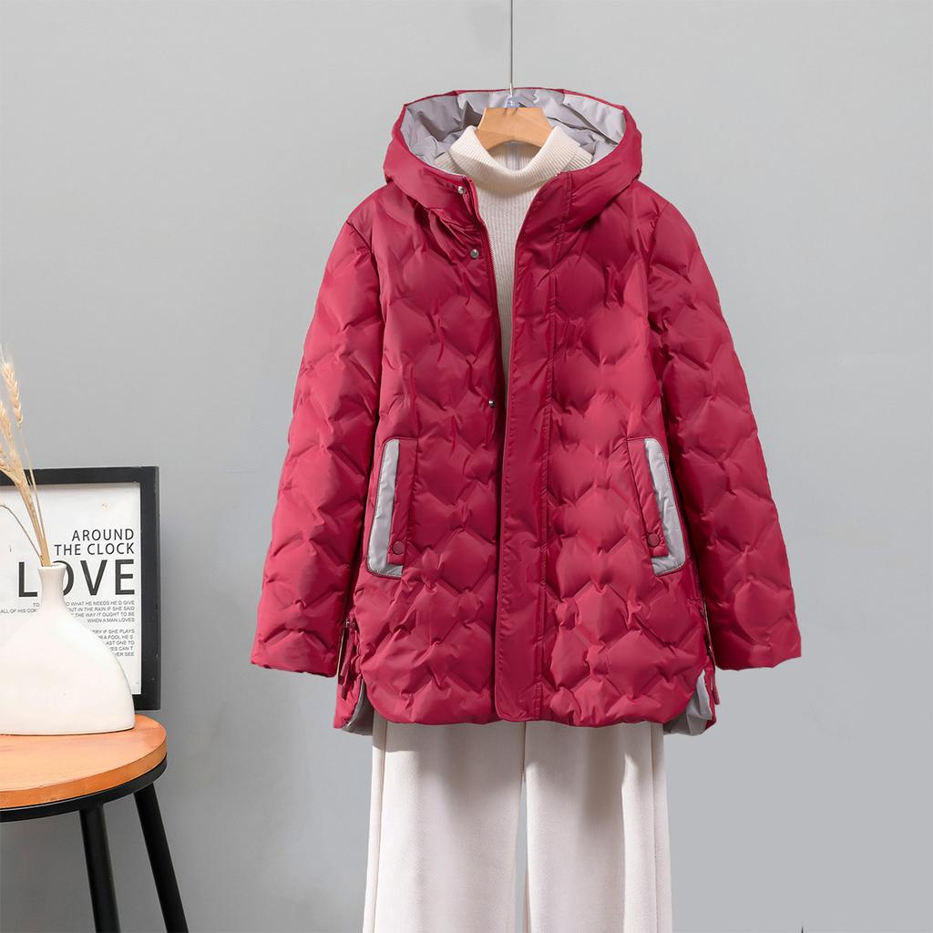 Winter new thermal hooded down jacket women's rhombus warm and thin fashion age-reducing versatile medium and long top