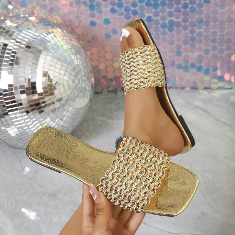 Fashion Luxury Gold Slip On Sandals Women 2025 Summer Square Toe Flat Heel Slides Sexy Light Weight Non Slip Beach Slippers Plus Size 43