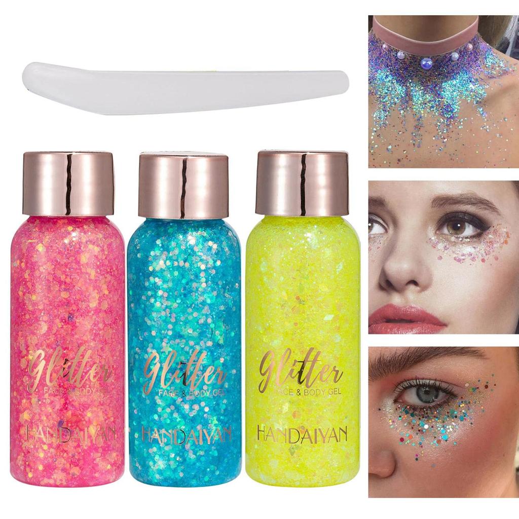 Body Glitter Gel Waterproof Glitter Gel Makeup Set Body Glitter Gel Sequin Glitter Eyeshadow Glitter Body Gel for and Parties Set, Kit, 3-Color Gel,