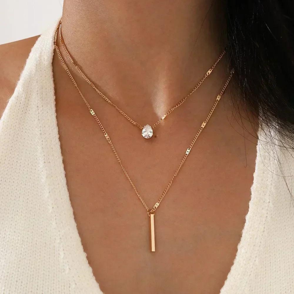 Double Layer Water Drop Rhinestone Necklace Two-piece Set Stacking Long Tassel Pendant Clavicle Chain Jewelry for Women