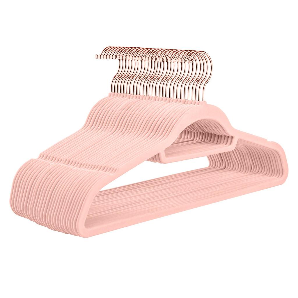 Beflockter Samt-Kleiderbügel mit Roségold-Haken (Rosa) - Rutschfester Organizer