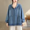 Denim Hoodie Long Sleeve Oversized Vintage Casual Loose Women Spring Autumn Pullover Sweatshirt