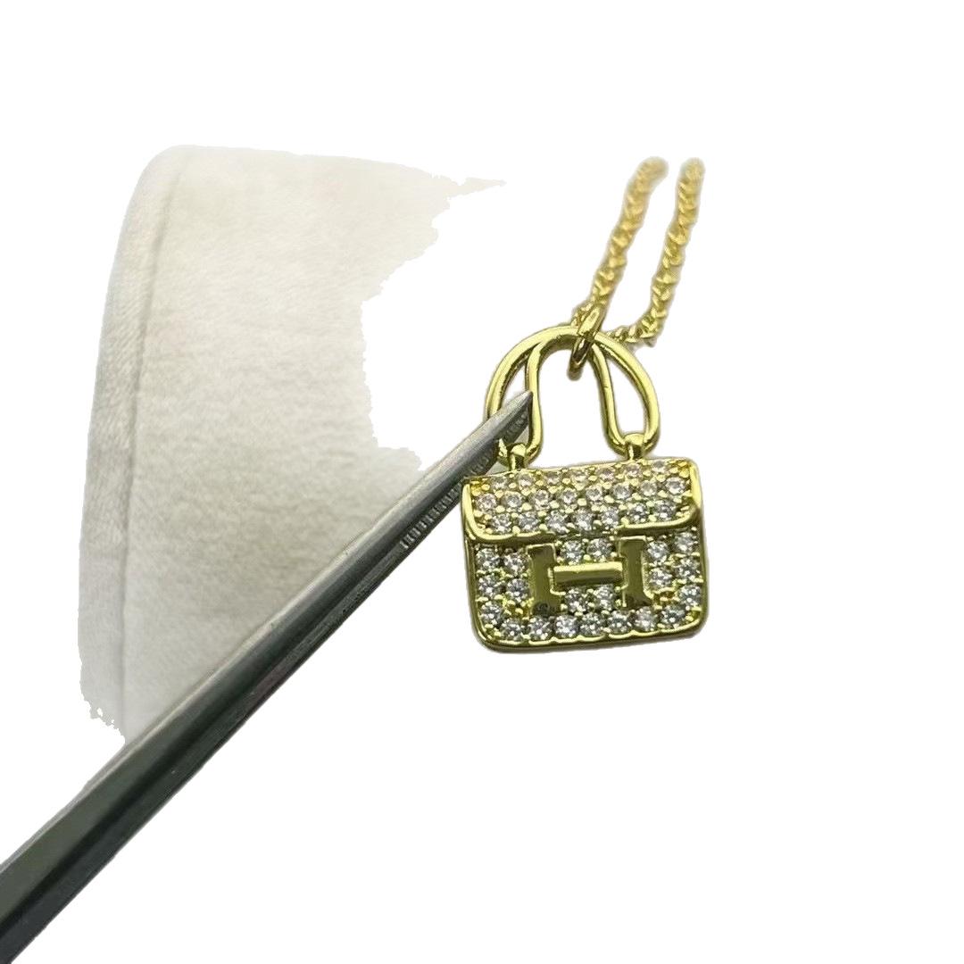 

H Letter Clavicle Necklace with Rose Gold Kelly Handbag Pendant Rose Gold Pink Rhinestones