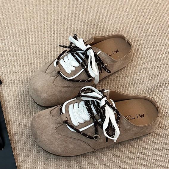 Retro Versatile Fashion Design Sense Niche Baotou Half Slippers Women's Autumn and Winter Lace-up Outer Wear Casual Thick-soled Slippers