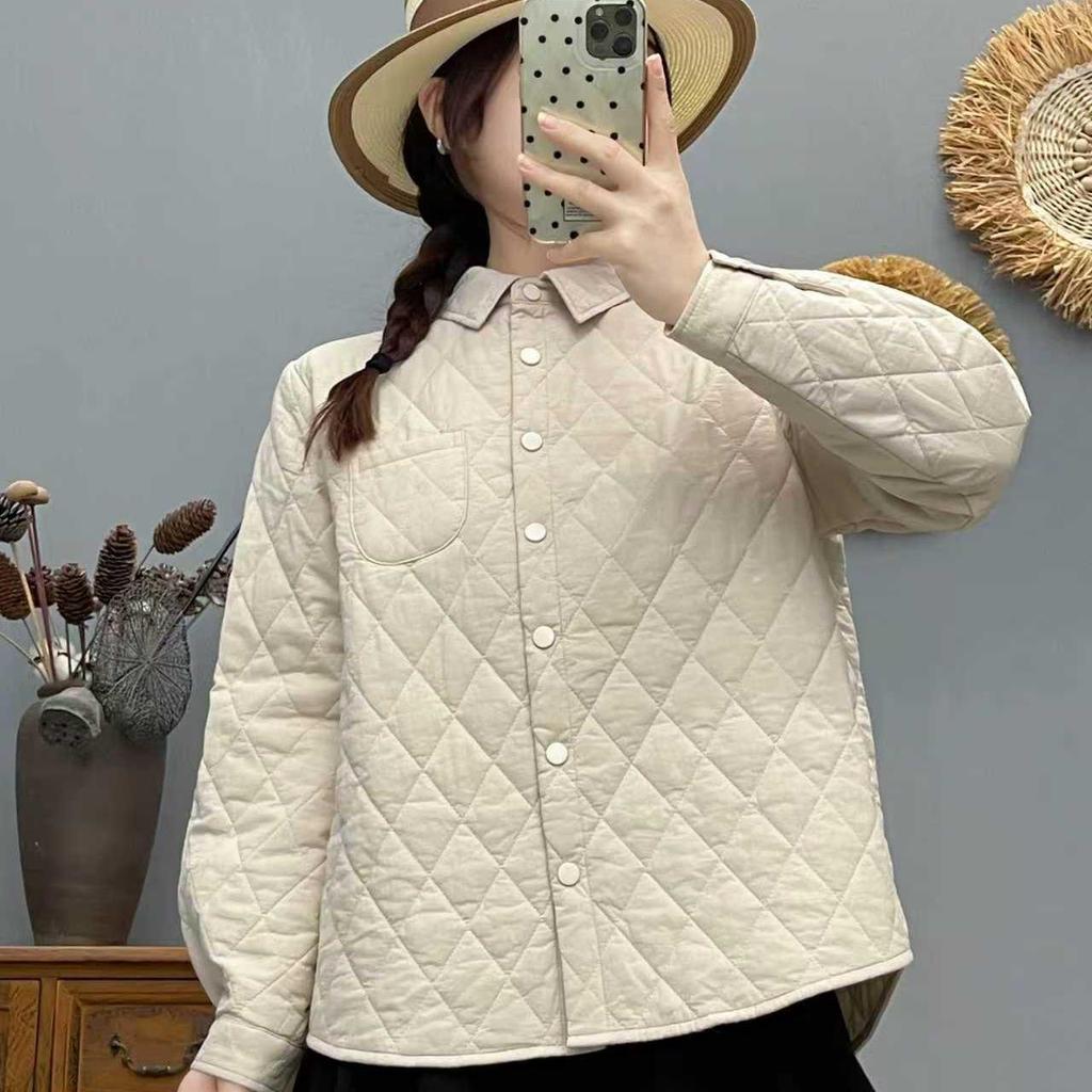 Women's Loose Fit Plaid Padded Cotton Jacket - Winter Diamond Pattern