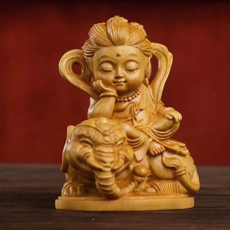 Cliff Cypress Wood Carving Manjusri Samantabhadra Bodhisattva Ornament Solid Wood Carving Crafts Home Furnishings Decoration
