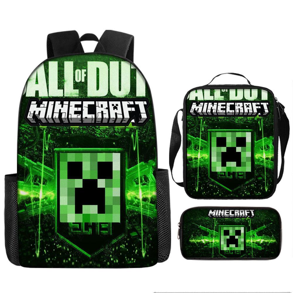Minecraft Cartoon Print Backpack Set 3-Piece Student School Bag Water-Resistant Large Capacity Unisex